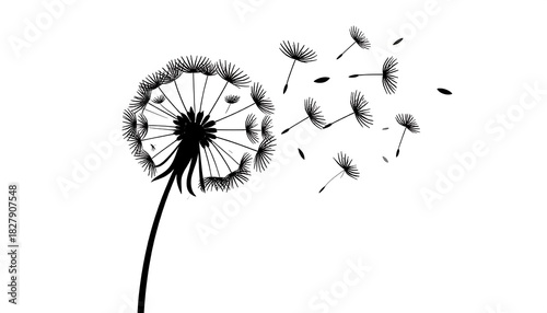Black and white stylized dandelion blowing in the wind, some seeds floating off to the right