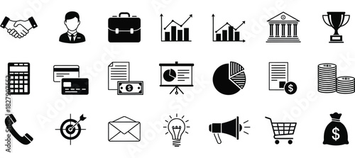 Business and finance icon set in black and white