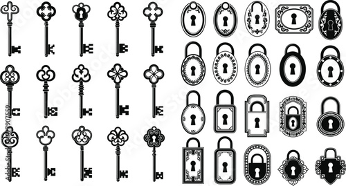 Vintage keys, antique locks, black silhouettes, ornate design, padlock, keyhole, historical style, collection, grid, decorative, retro, classic, security, metal, illustration, graphic, old-fashioned,