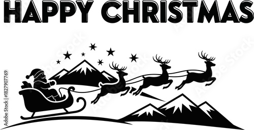 Happy christmas greeting with santa claus in a sleigh pulled by flying reindeer over snowy mountains and stars