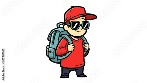A cheerful cartoon boy character wearing a red cap and sunglasses, carrying a large blue backpack for school or an exciting adventure