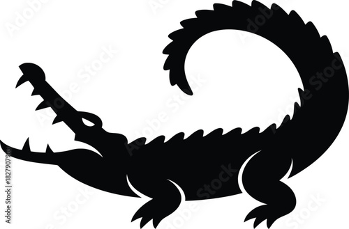 Black Silhouette of a Crocodile with Open Mouth and Curled Tail Keywords: alligator, crocodile
