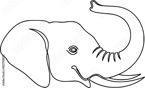 Elephant head outline, a simple line drawing of an elephants head with its trunk raised, showcasing its features