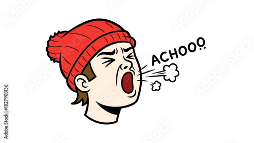 A cartoon illustration of a man in a red winter beanie sneezing from a cold, flu, or seasonal allergy