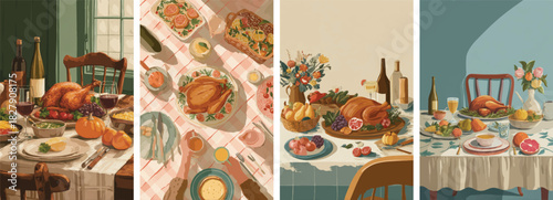 Retro thanksgiving feast artwork featuring roasted turkey pumpkins fruit wine and elegant vintage table decor