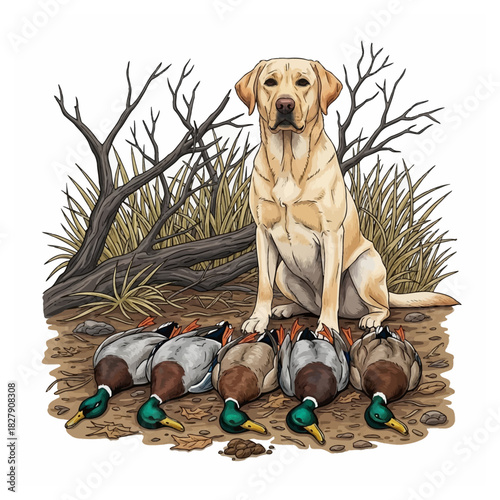 Yellow Labrador sitting with five dead mallard ducks on the ground after a successful hunt