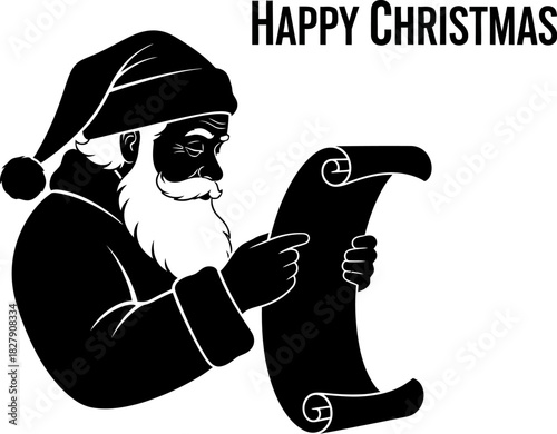 Santa claus reading a christmas wish list scroll, with happy christmas text