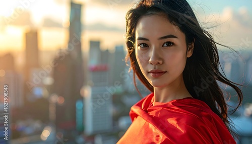 Beautiful woman wearing a red cape stands on a city rooftop at sunset