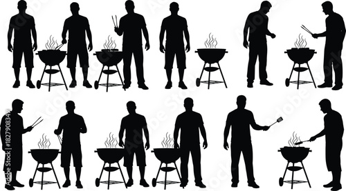 Collection of black silhouettes showing men grilling food on a charcoal BBQ grill, symbolizing summer picnic party, backyard cooking, outdoor leisure, and happy weekend