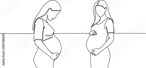 Continuous one line drawing of two pregnant women holding their belly, symbolizing motherhood, anticipation, maternity health care, and expecting new life illustration