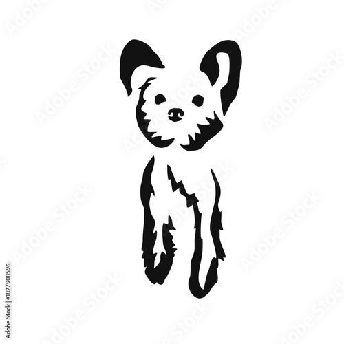 Vector drawing of a dog. Black and white gestalt design of a funny pet. Little doggy. Cute animal illustration. Postcard for International Dog Day. Drawing of an animal in the Gestalt style.	
