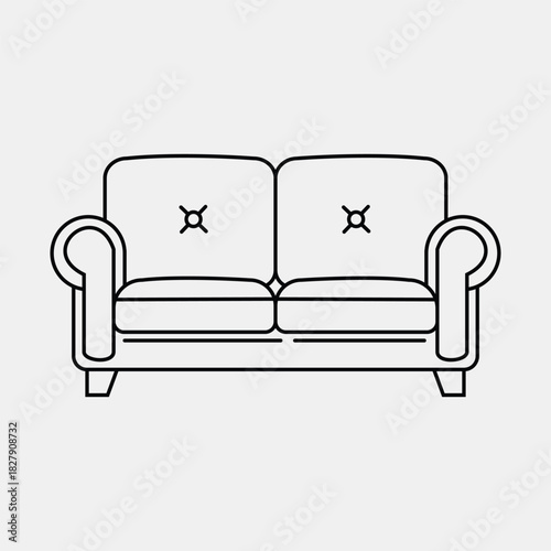 Classic Sofa Illustration: A sophisticated black and white outline of a classic two-seater sofa, perfect for interior design projects and home decor concepts.