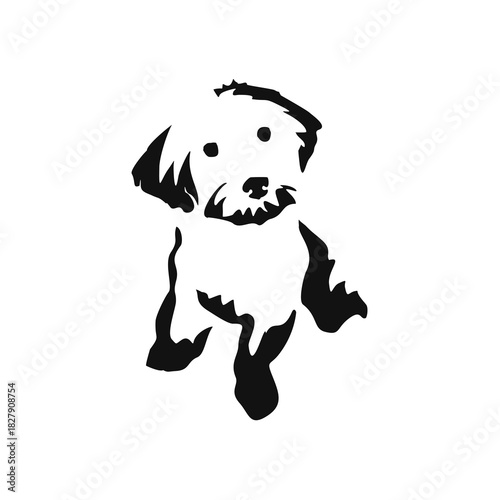 Vector drawing of a dog. Black and white gestalt design of a funny pet. Little doggy. Cute animal illustration. Postcard for International Dog Day. Drawing of an animal in the Gestalt style.	
