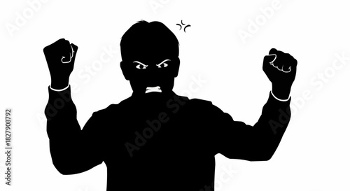 Silhouette of an Angry Man Raising Fists in Frustration.