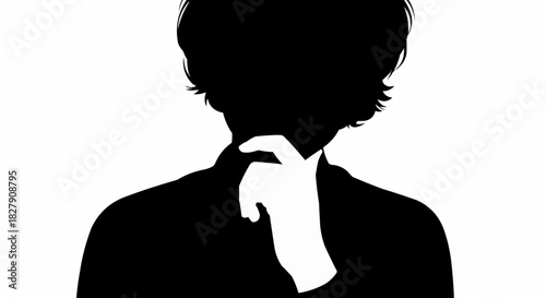 Black silhouette of a person in deep thought with a white hand on their chin.