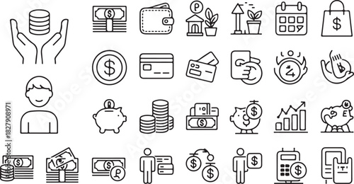 Collection of finance and money related line icons for banking and payment concept