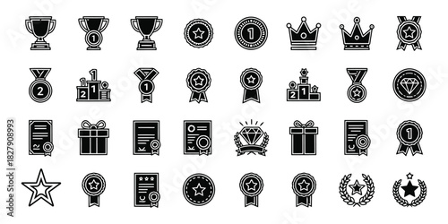 Comprehensive Vector Collection of Achievement and Award Icons, Featuring Trophies, Medals, Badges, and Certificates