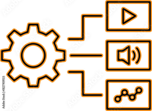 Gear and icons representing video audio and data processing