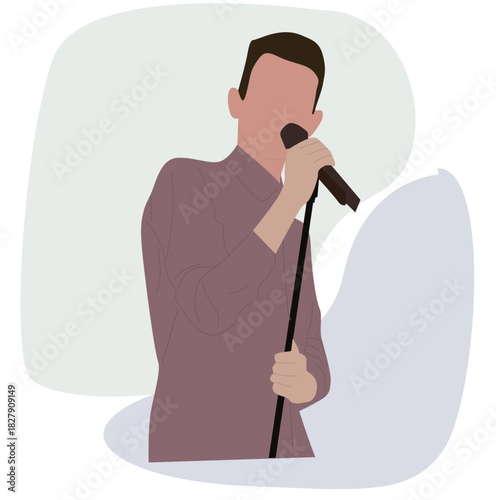 vektor Young man singing rap lyrics with passion, gripping a microphone during an energetic live performance.