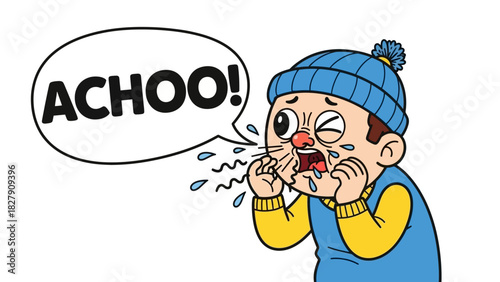 Cartoon Man with Cold Sneezing with Handkerchief and wearing Beanie