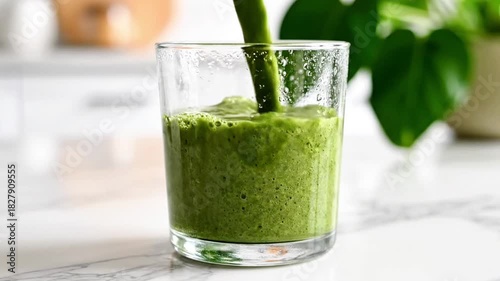 A glass of green juice is poured into a glass. The glass is half full