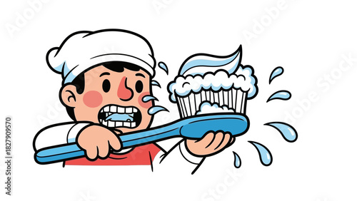 A playful cartoon character's dental routine featuring a giant toothbrush topped with a swirl of toothpaste like a dessert