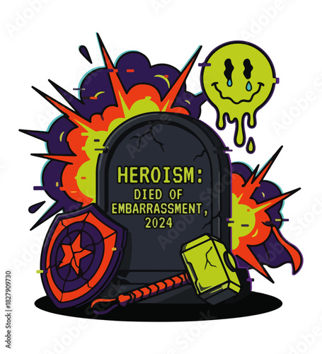 A satirical illustration depicting the death of heroism, featuring a tombstone, a shield, a hammer, an explosion, and a melting smiley face.