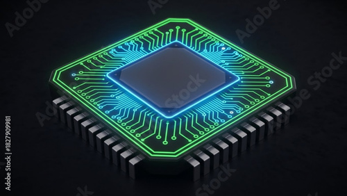 Glowing green and blue integrated circuit microchip processor on a dark background, representing advanced technology and computing power