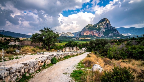 Ancient path leads past weathered ruins to a dramatic mountain under a partly cloudy, vivid blue sky