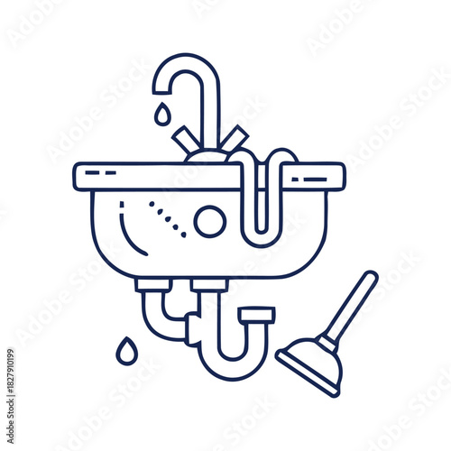 Plumbing Problems A Detailed Illustration of a Leaking Sink and a Plunger