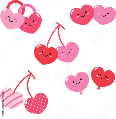 2 Cute Heart Shape Padlock, Happy Face Couple Heart for Valentine's Day, Cherry Heart with Smile Face, Two Adorable Heart Shape Balloon for Party illustration