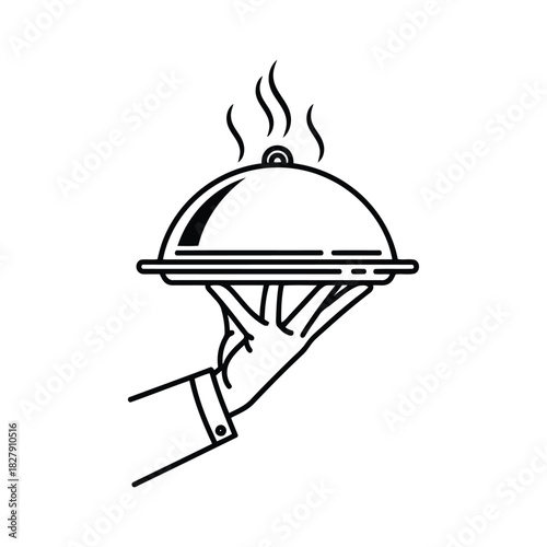 Black and white line art of a hand holding a cloche, symbol for fine dining and restaurant service