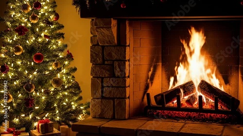 Cozy living room with decorated Christmas tree and fireplace  