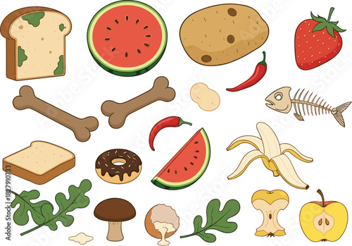 Organic Food Waste Vector Set Featuring Moldy Bread, Fruit, Vegetables, Fish Skeleton, Bones, Egg Shells, and Compostable Kitchen Scraps Illustration.