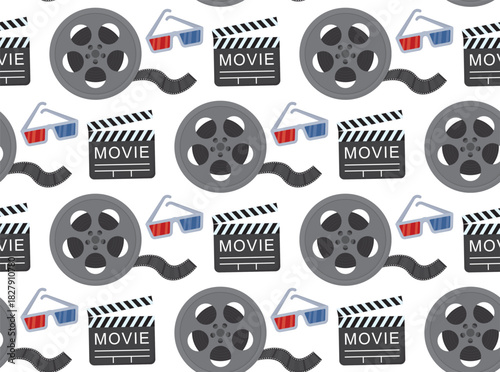 Seamless pattern with film reel, clapperboard, and 3D glasses. Background with cinema and movie objects
