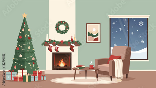 Cozy Christmas illustration of a decorated living room with a fireplace, Christmas tree, and a window showing snowfall
