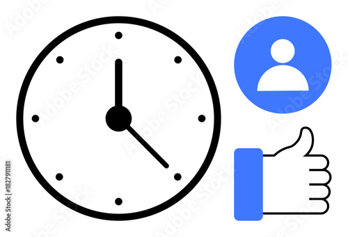 Time management concept. Clock efficiency, user profile for personalization, and thumbs up for approval. Time management s productivity, organization, scheduling, workplace, self-improvement