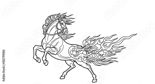 A powerful mythical stallion with a mane and tail of flowing fire, captured in a dynamic rearing pose. Black and white line art ideal for fantasy concepts and coloring