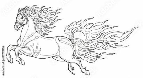 Dynamic illustration of a magnificent mythical horse with flowing fiery mane and tail, depicting strength and speed, ideal for fantasy themes or powerful graphic designs