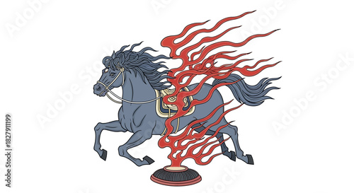 Illustration of a mythical fire horse with a flowing mane and tail, galloping with energy and speed across a white background, symbolizing power and myth