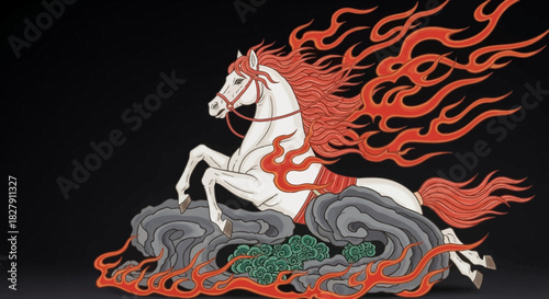 Dynamic illustration of a mythical white horse with a blazing fiery red mane and tail, powerfully rearing amidst dark swirling clouds, symbolizing strength and legendary spirit