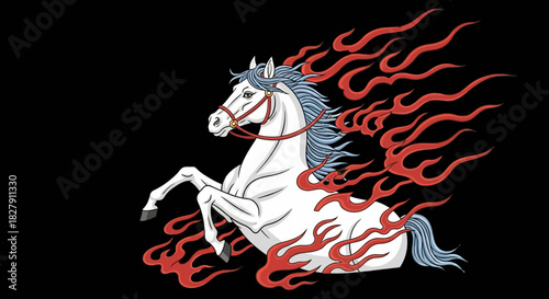Dynamic illustration of a magnificent white horse rearing amidst vibrant red flames against a stark black backdrop, symbolizing power, freedom, and an untamed spirit
