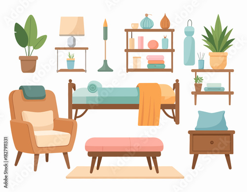 Illustration of a cozy bedroom interior featuring a bed, armchair, nightstand, shelves, plants, and other decorative elements in a warm color palette.