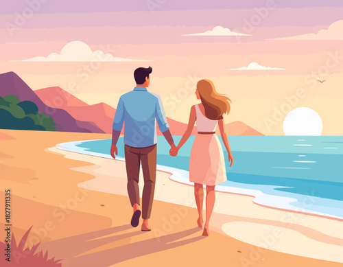 A couple walks hand-in-hand along a sandy beach towards the ocean at sunset, with mountains visible in the distance.