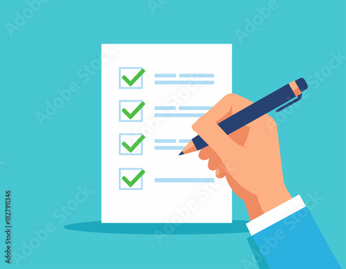 Hand holding a pen marking a checklist on a white paper against a blue background.