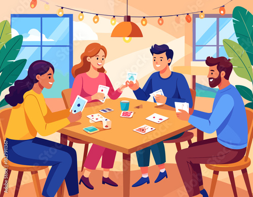 Four friends are sitting around a table playing cards, enjoying a casual game indoors with string lights.