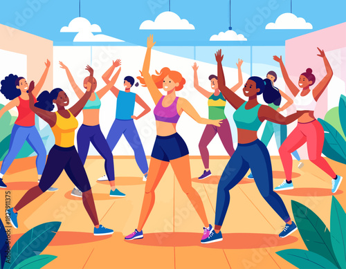 A diverse group of women are exercising and dancing in a bright, spacious studio with large windows and potted plants, led by an instructor.