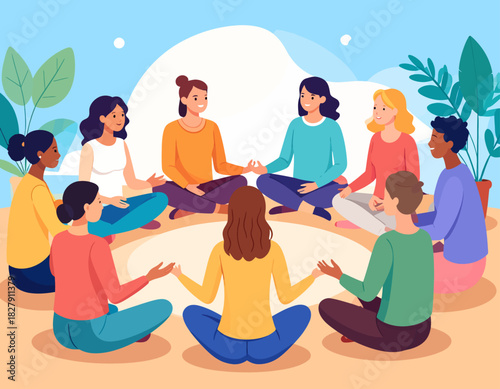 A diverse group of women sitting in a circle, cross-legged, meditating together in a peaceful, plant-filled setting, promoting wellness and connection.