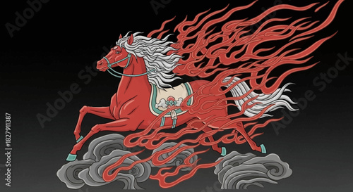 Fiery Steed A Majestic Illustration of a Red Horse with Flowing Mane and Flames, Running Through the Sky
