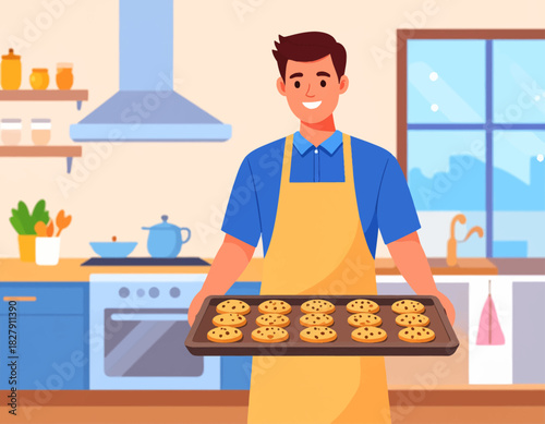 A smiling man wearing an apron holds a baking sheet filled with freshly baked chocolate chip cookies in a bright kitchen.